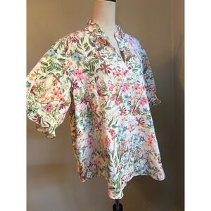 Floral Ruffle Button Blouse White Multi 2X Short Sleeve cottage colorful fairy